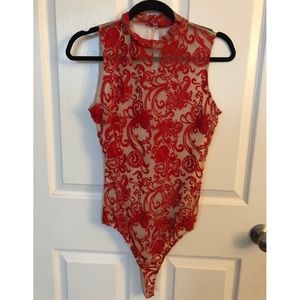AKIRA Chicago Red/Nude lace bodysuit